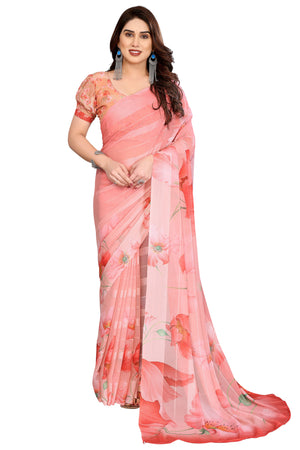Luxury Peach Floral Digital Print Georgette Saree With Subtle Zari Highlights & Vibrant Striped