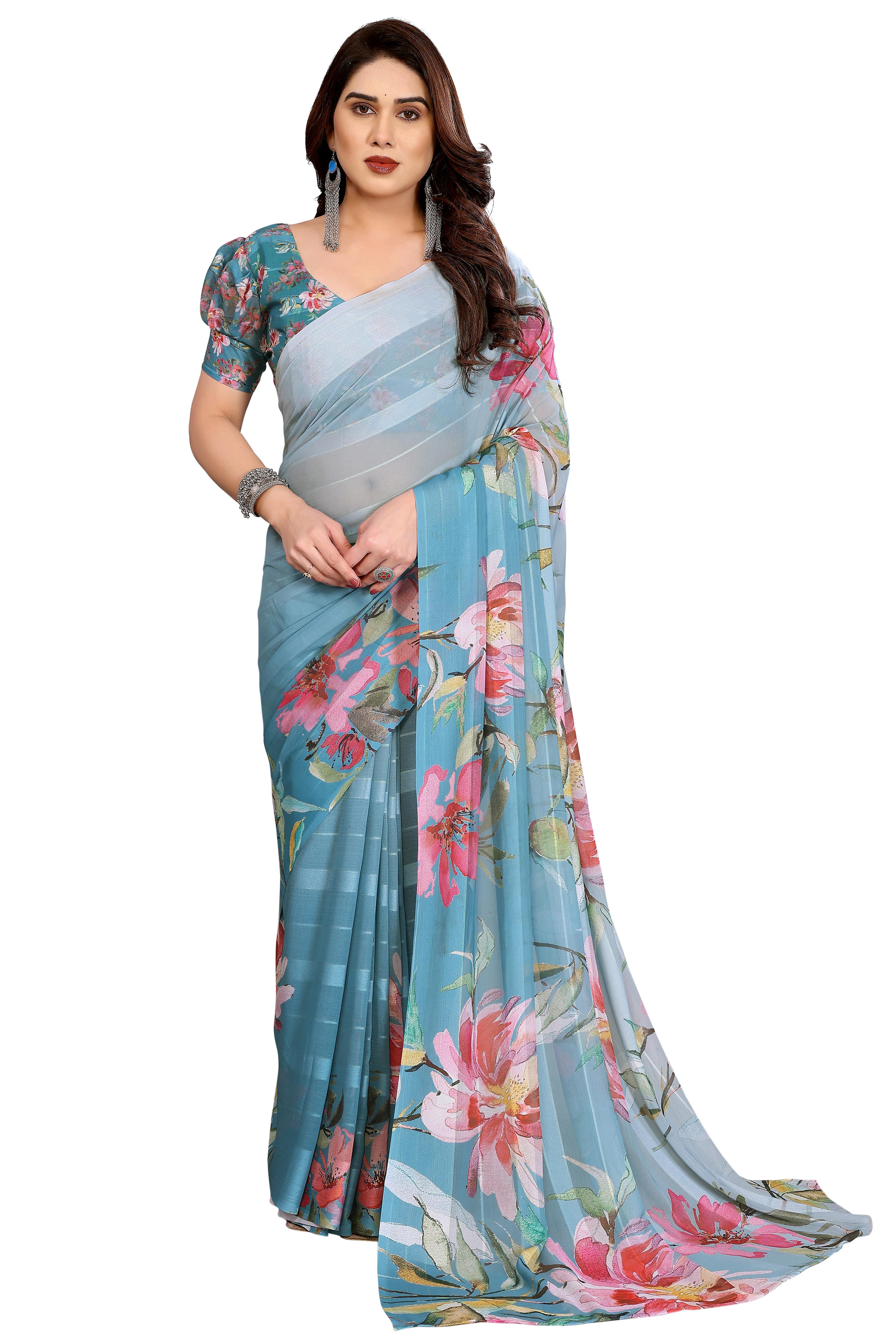 Luxury Blue Floral Digital Print Georgette Saree With Subtle Zari Highlights & Vibrant Striped