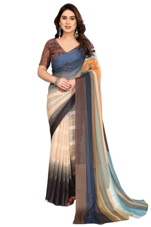 Luxury Multicolor Digital Print Georgette Saree With Subtle Zari Highlights & Vibrant Striped
