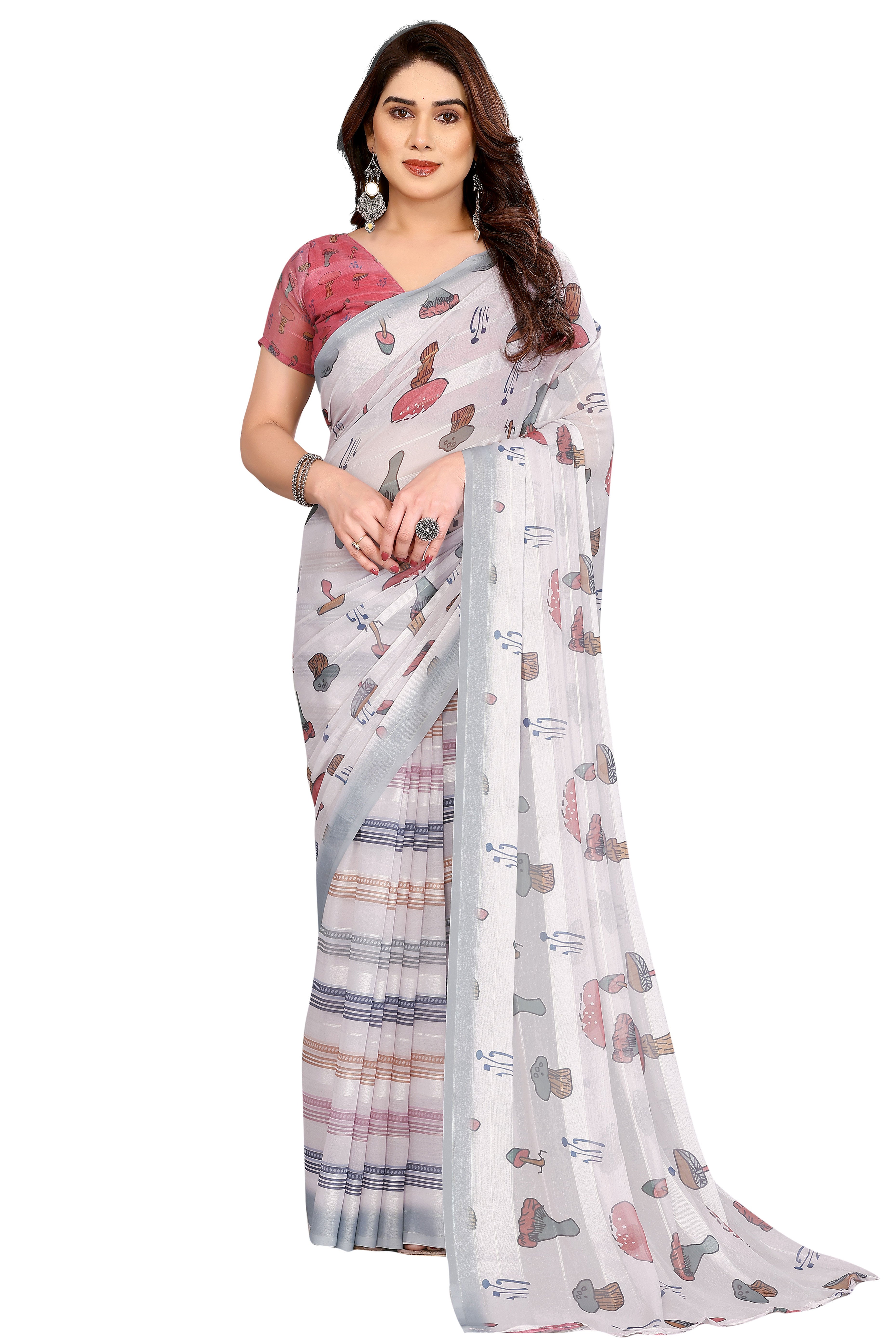 Luxury Offwhite Digital Print Georgette Saree With Subtle Zari Highlights & Vibrant Striped