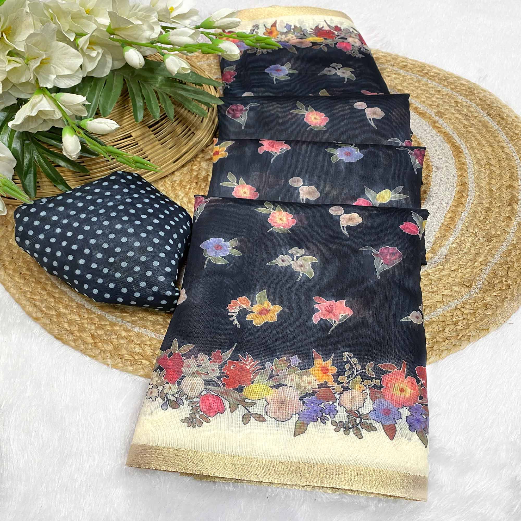 Black Floral Digital Print Chanderi Cotton Saree Enhanced With Charming Zari Weaving Border