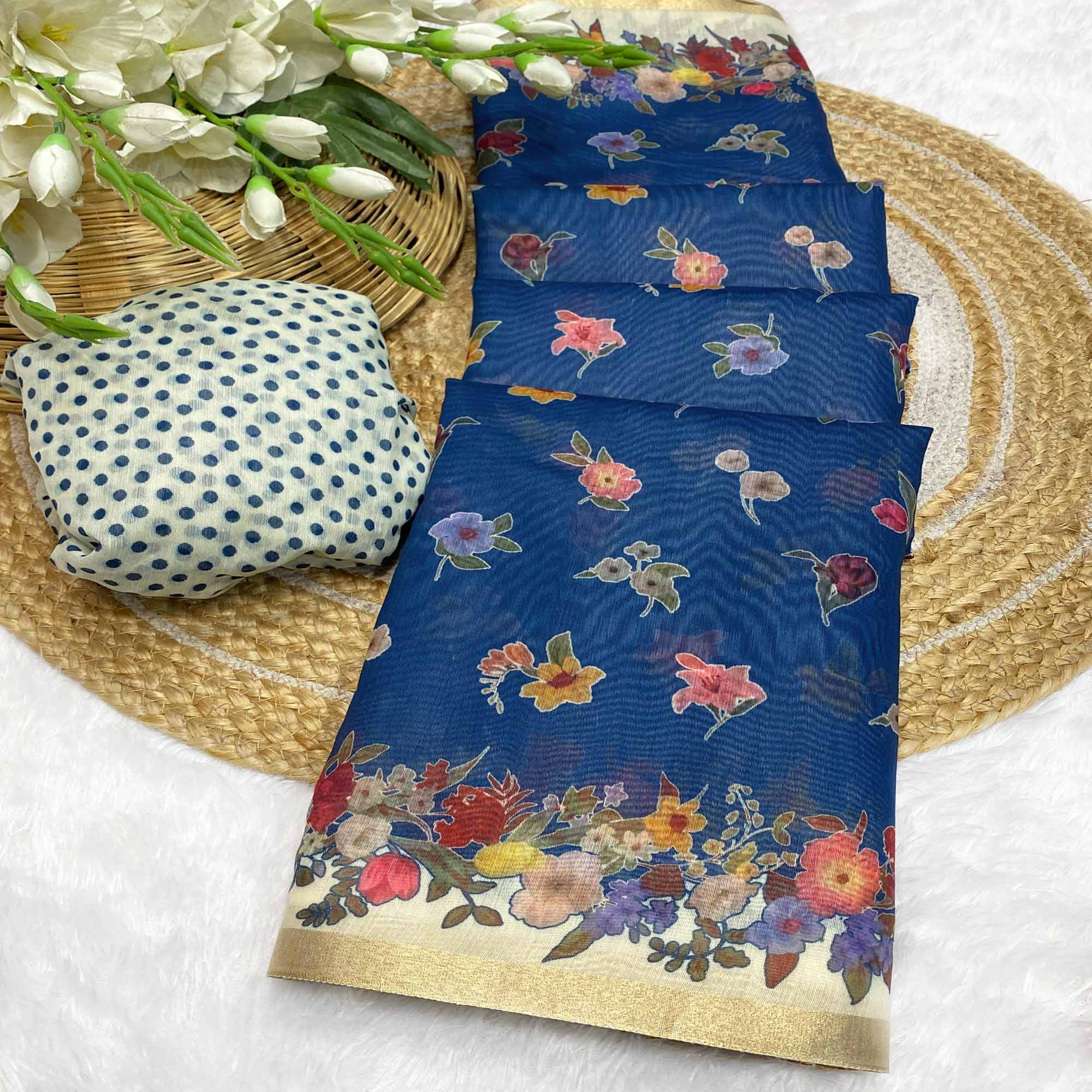 Blue Floral Digital Print Chanderi Cotton Saree Enhanced With Charming Zari Weaving Border