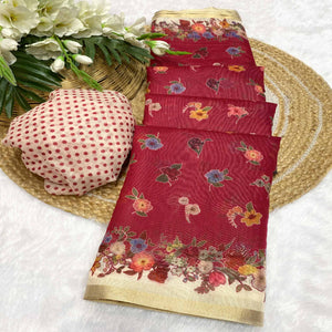 Pink Floral Digital Print Chanderi Cotton Saree Enhanced With Charming Zari Weaving Border