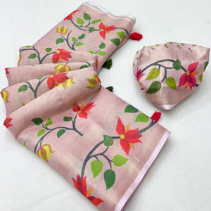 Pink Floral Printed Tissue Cotton Silk Saree Enhanced with a Classic Zari Weaving Border