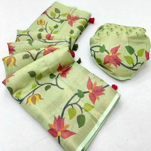 Green Floral Printed Tissue Cotton Silk Saree Enhanced with a Classic Zari Weaving Border