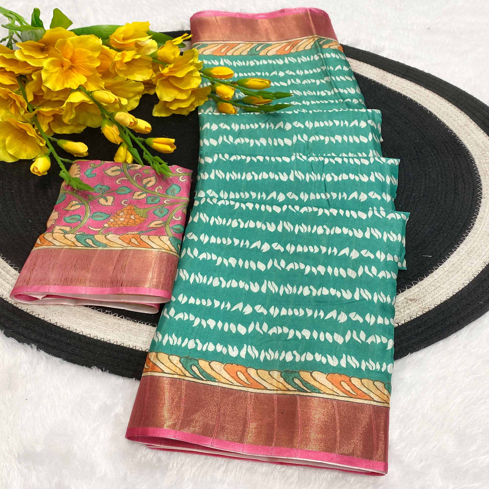 Turquoise Tusser Art Silk Saree Embellished With Peacock Print & Zari Border Work