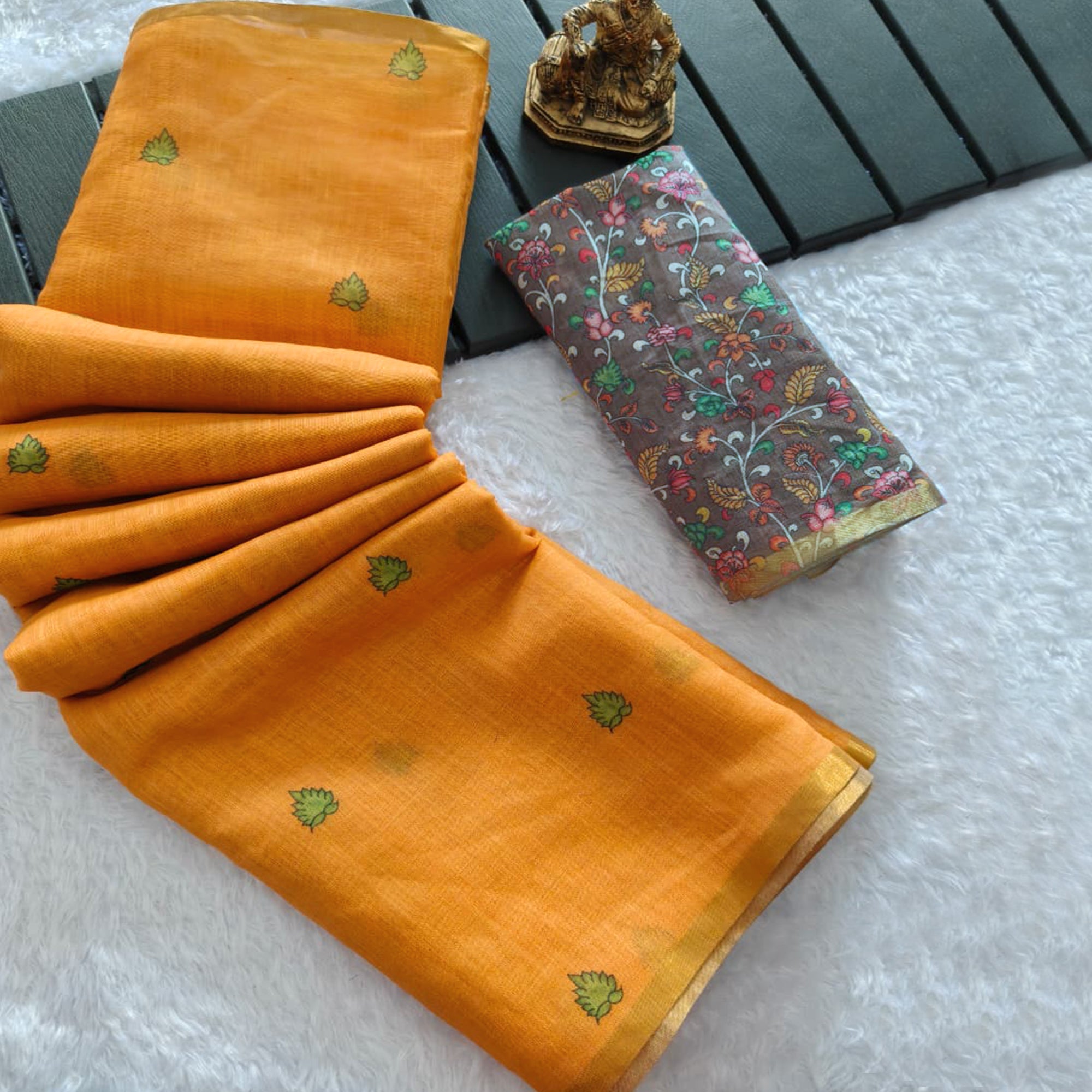 Minimalist Mustard Linen Cotton Saree with Elegant Printed Patterns