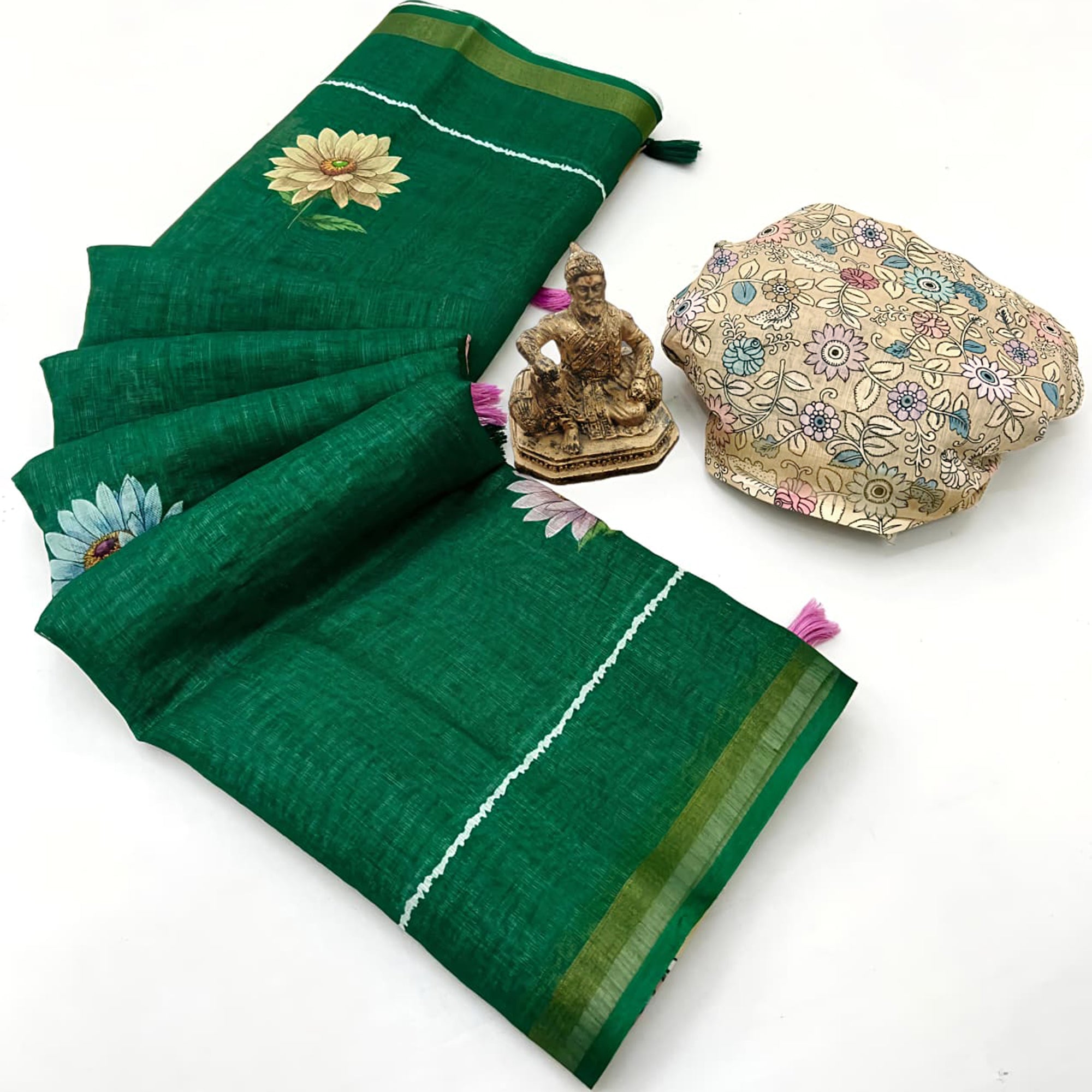 Elegant Green Floral Digital Printed Linen Cotton Saree With Woven Border & Tassel Pallu