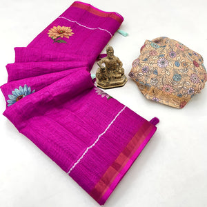 Elegant Rani Pink Floral Digital Printed Linen Cotton Saree With Woven Border & Tassel Pallu