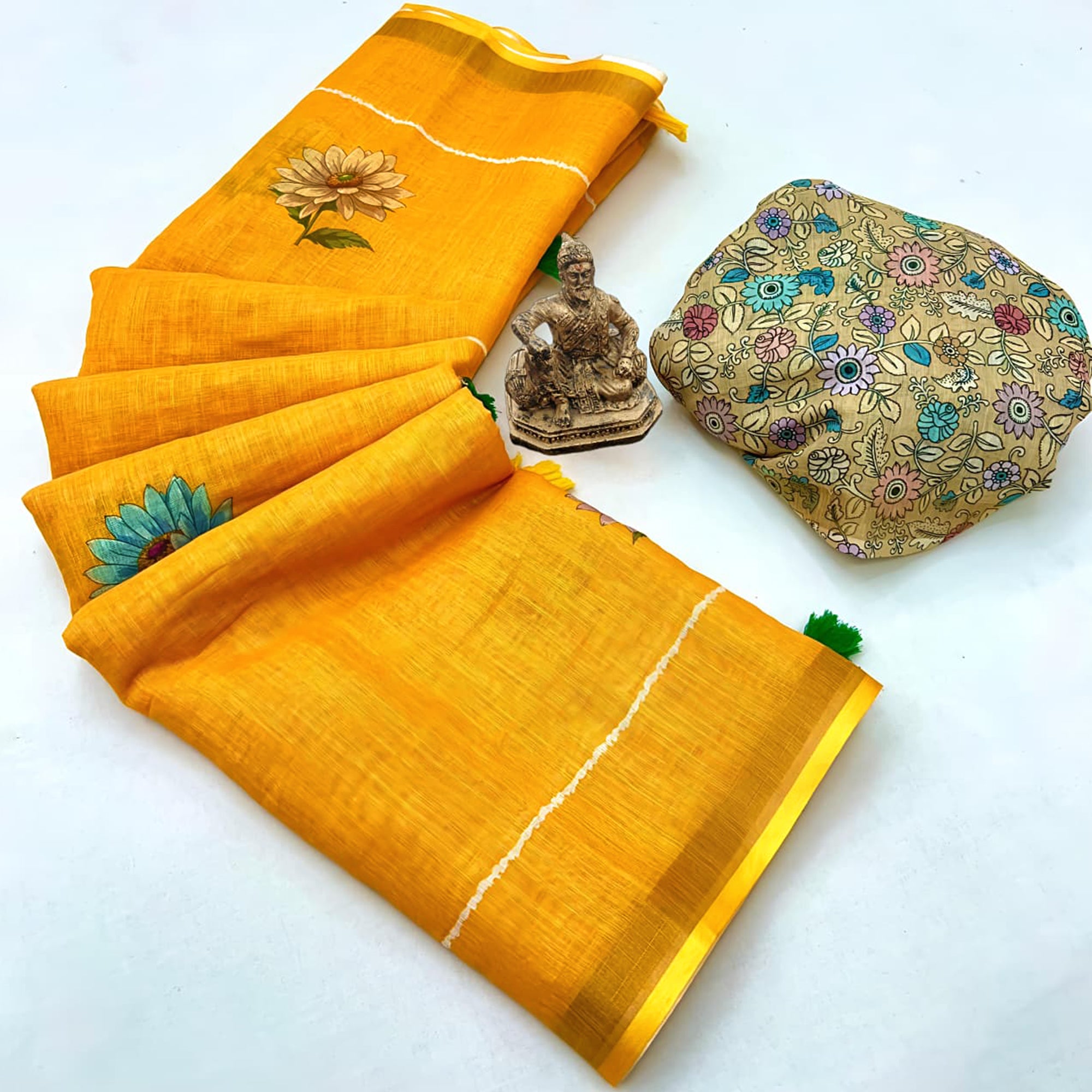 Elegant Mustard Floral Digital Printed Linen Cotton Saree With Woven Border & Tassel Pallu