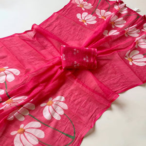 Graceful Pink Linen Cotton Saree with Stylish Floral Prints for Effortless Elegance