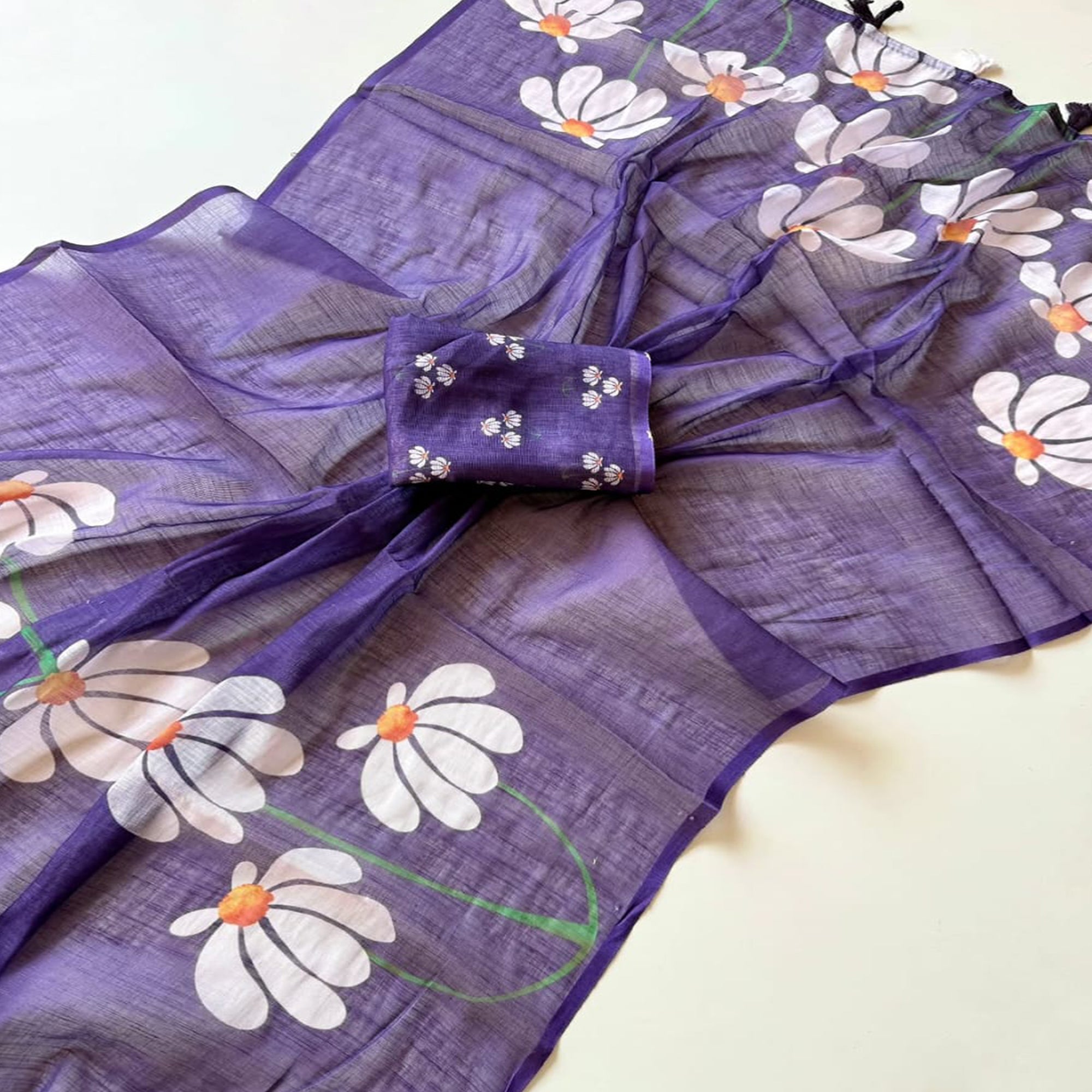 Graceful Purple Linen Cotton Saree with Stylish Floral Prints for Effortless Elegance