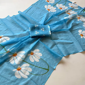 Graceful Sky Blue Linen Cotton Saree with Stylish Floral Prints for Effortless Elegance