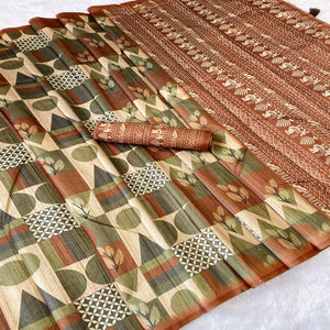 Beige Textured Tussar Silk Blend Saree Enhanced with Artistic Geometric Prints