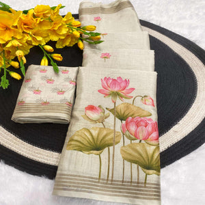 Cream Cotton Blend Tusser Saree Adorned With Radha Krishna & Floral Print With Zari Border