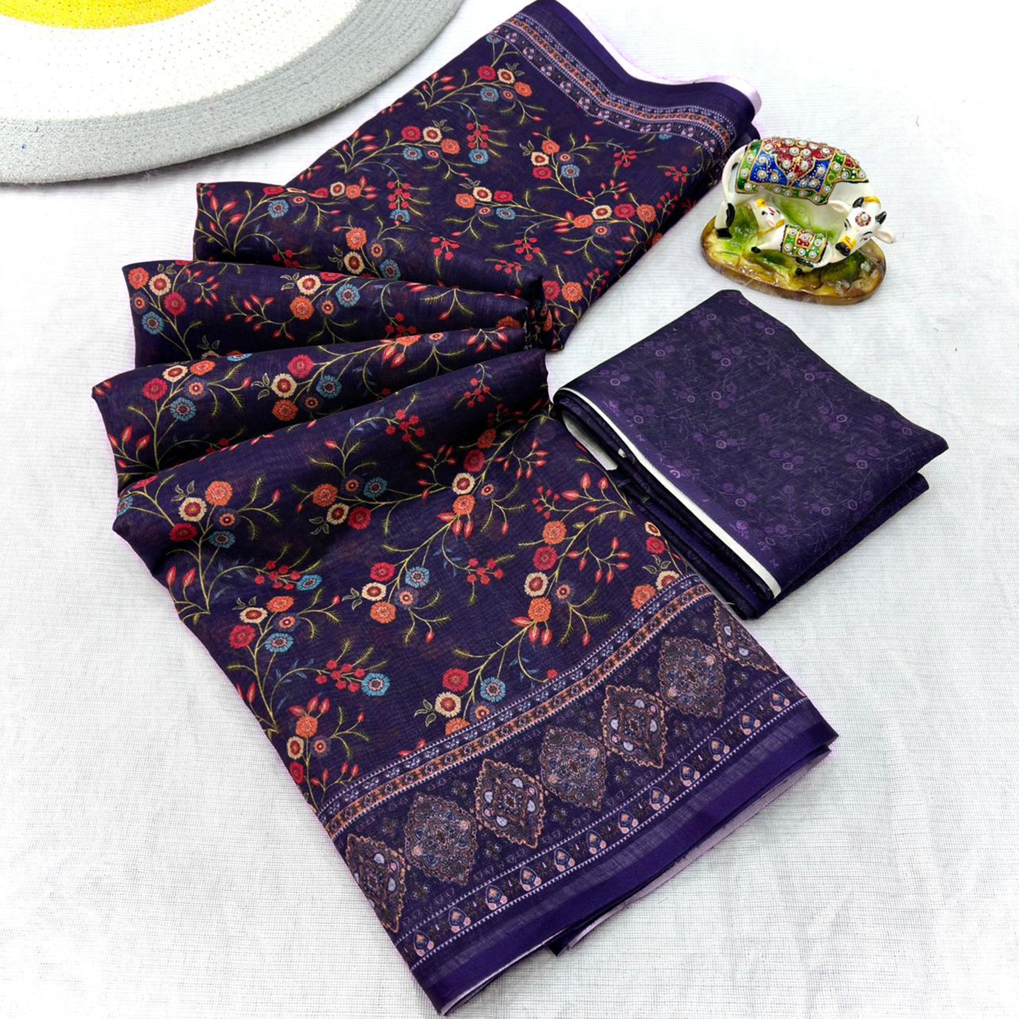 Luxurious Purple Floral Printed Linen Cotton Saree with Decorative Fancy Latkan Pallu