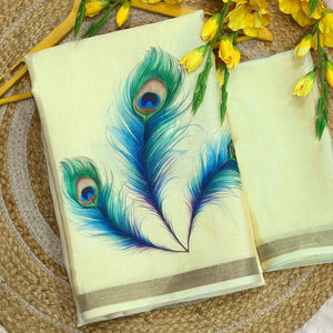 Charming Pista Green Soft Tussar Cotton Silk Saree With Peacock Feathers Print