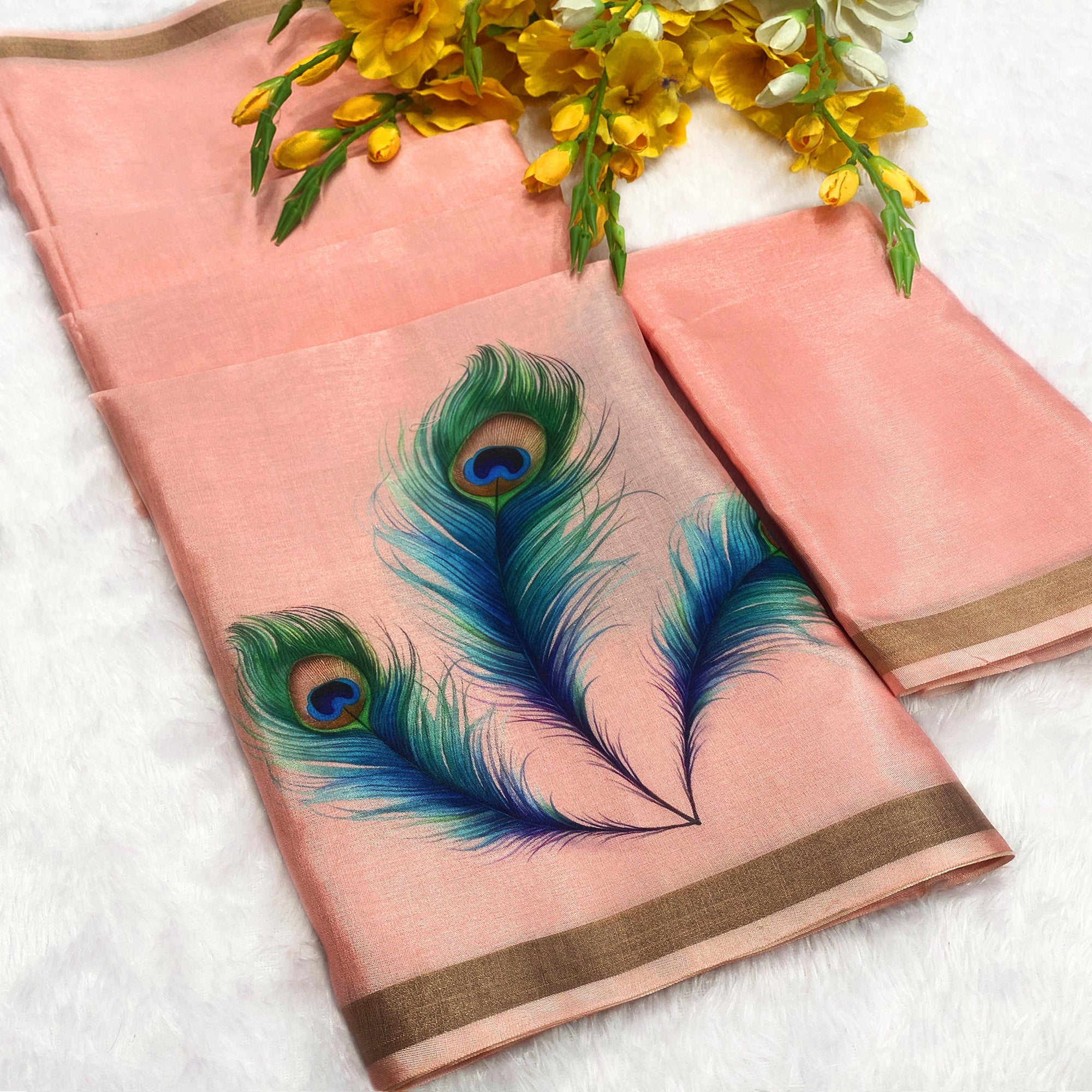 Charming Peach Soft Tussar Cotton Silk Saree With Peacock Feathers Print