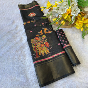 Black Traditional Printed Dola Silk Saree Accented with Rich Zari Weaving