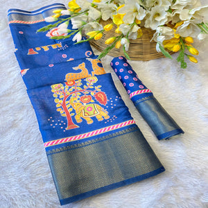 Blue Traditional Printed Dola Silk Saree Accented with Rich Zari Weaving