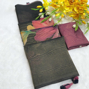 Sophisticated Black Floral Digital Print Tissue Saree Enhanced With Handmade Tassels