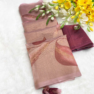 Sophisticated Light Mauve Floral Digital Print Tissue Saree Enhanced With Handmade Tassels
