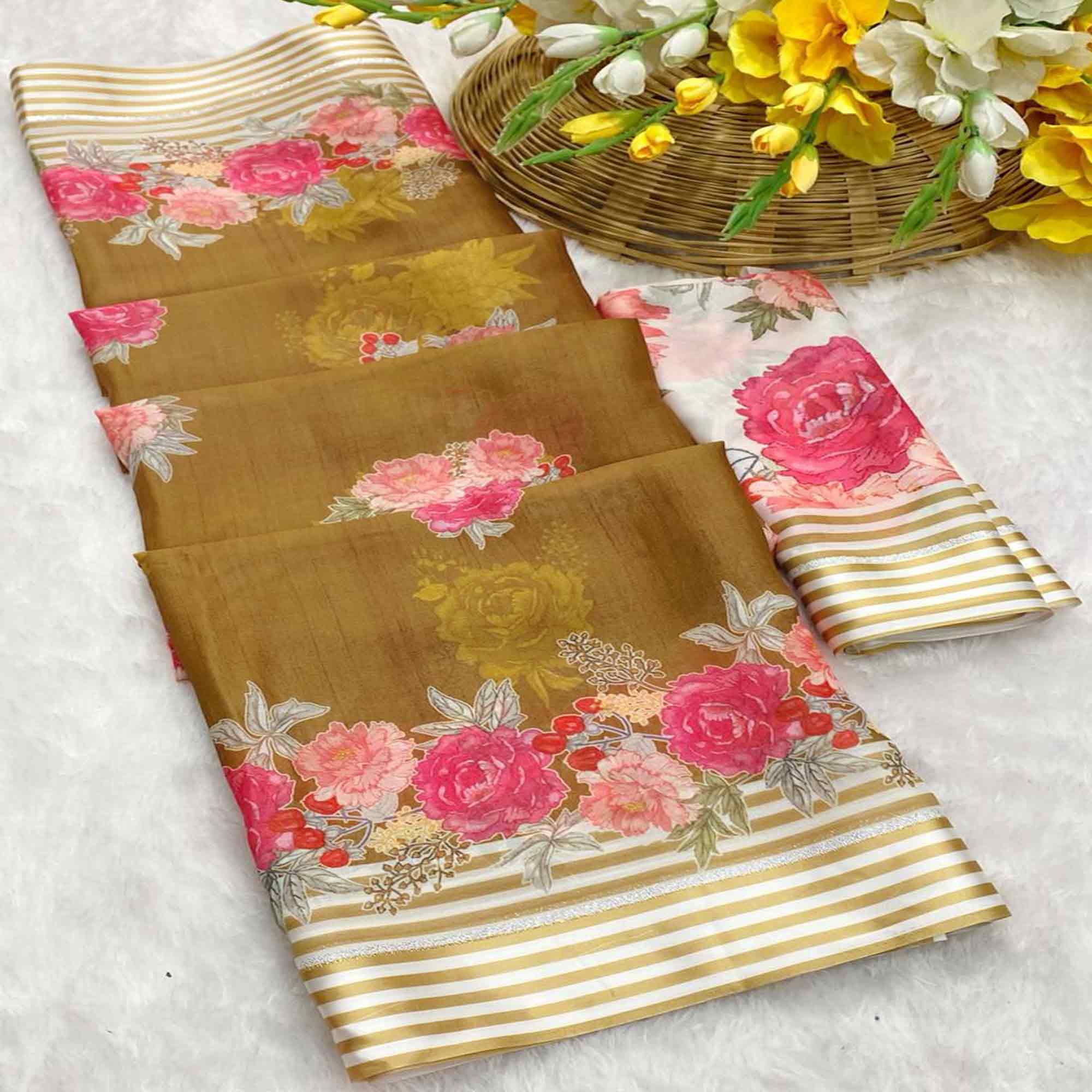 Vibrant Dark Mustard Georgette Saree Adorned with Floral Digital Print & Satin Border