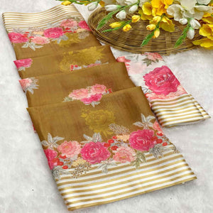 Vibrant Dark Mustard Georgette Saree Adorned with Floral Digital Print & Satin Border