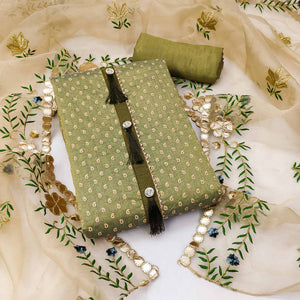 Green Printed Chanderi Dress Material