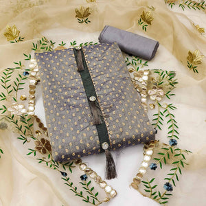 Grey Printed Chanderi Dress Material