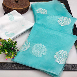 Blue Embroidered Organza Saree
