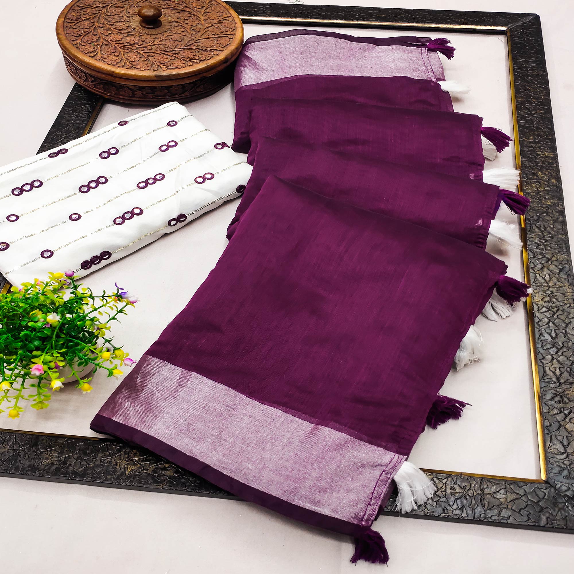 Wine Solid Chanderi Saree With Tassels
