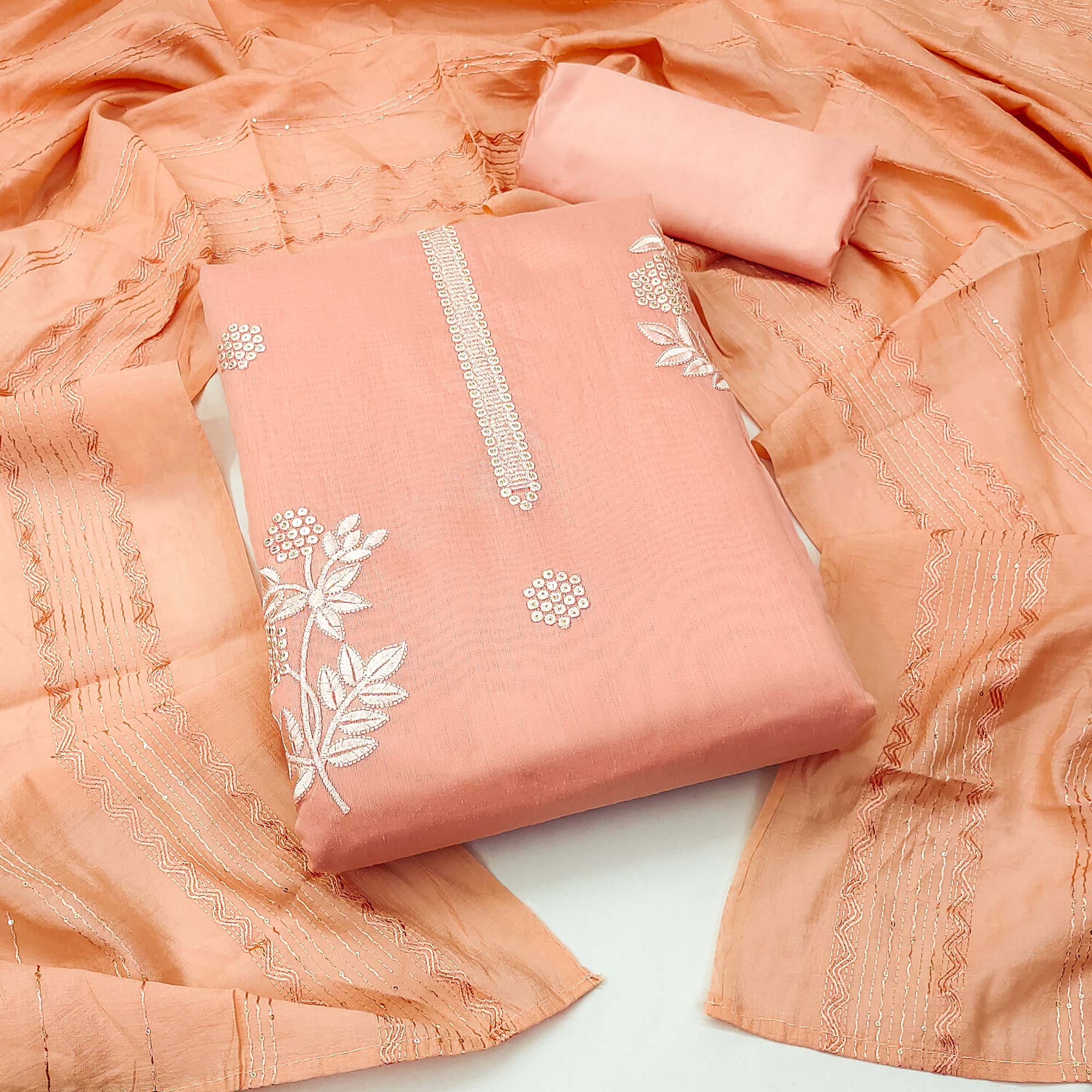Peach Floral Sequins Embroidered Chanderi Dress Material