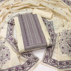 Cream & Wine Floral Woven Pure Cotton Dress Material