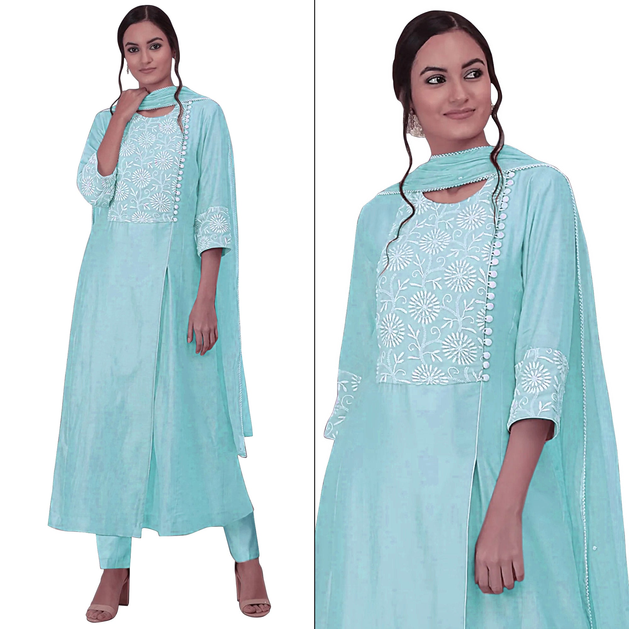 Sea Blue Floral Embroidered Viscose Suit