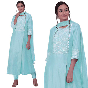 Sea Blue Floral Embroidered Viscose Suit