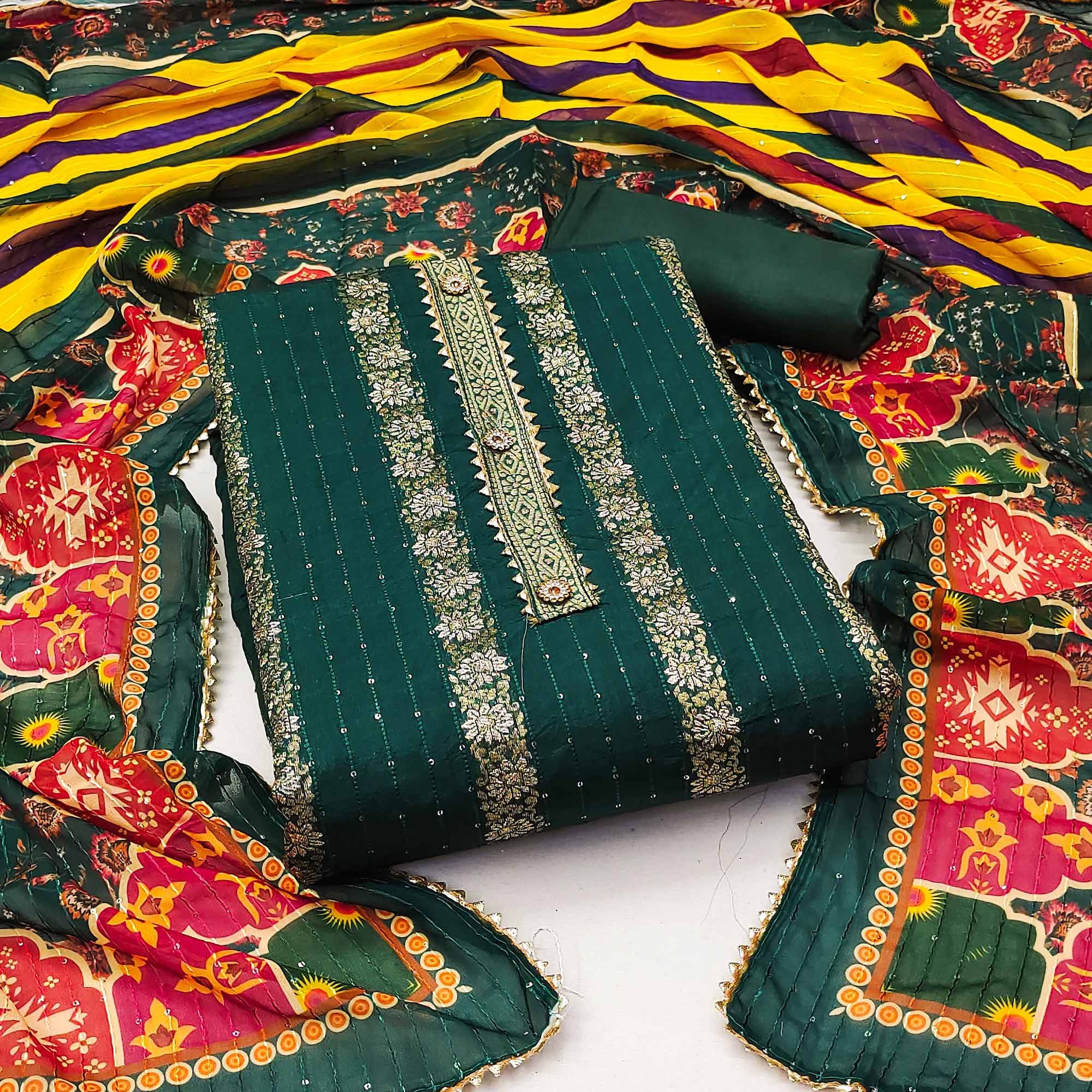 Green Woven Banarasi Silk Dress Material