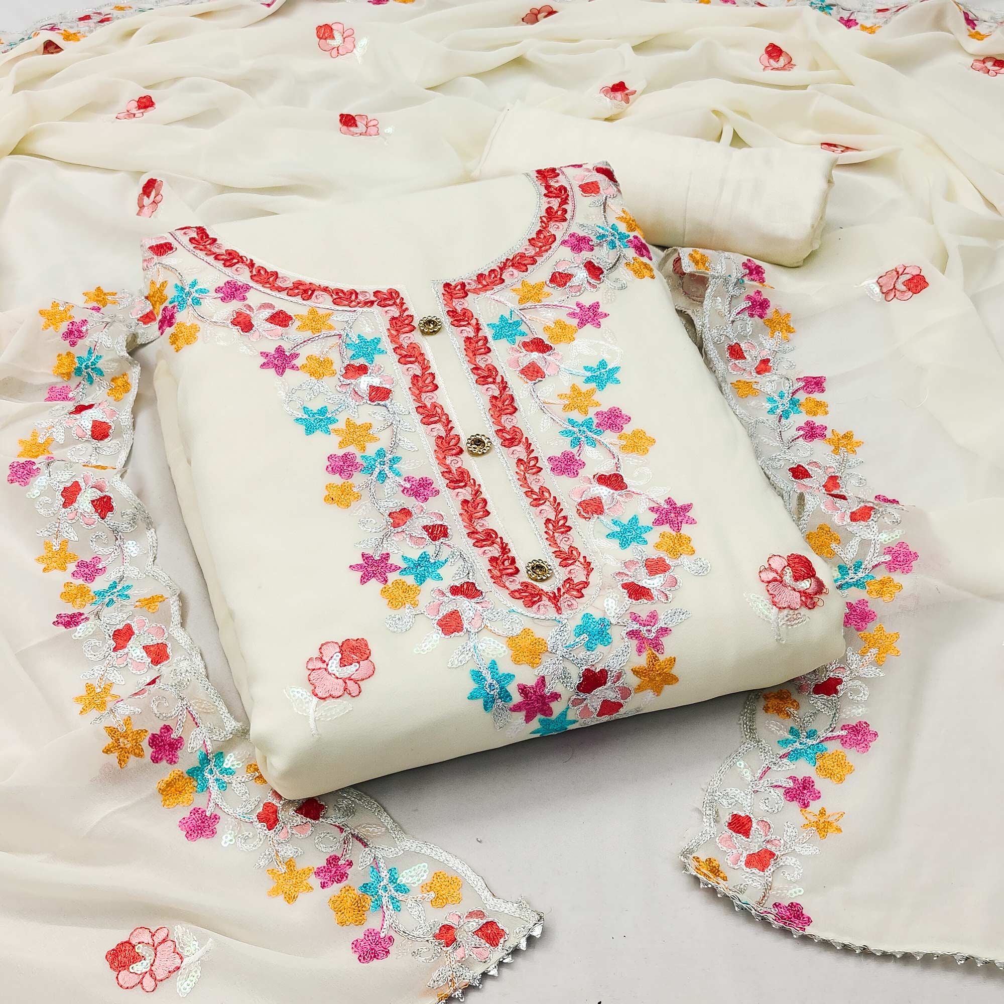Off White Floral Embroidered Georgette Dress Material
