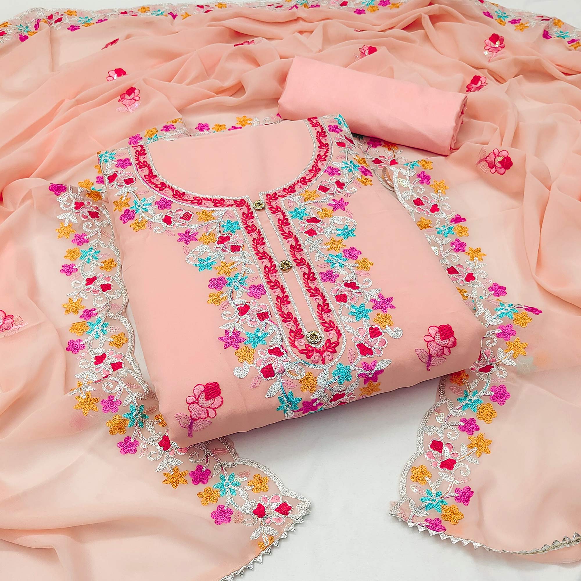 Peach Floral Embroidered Georgette Dress Material