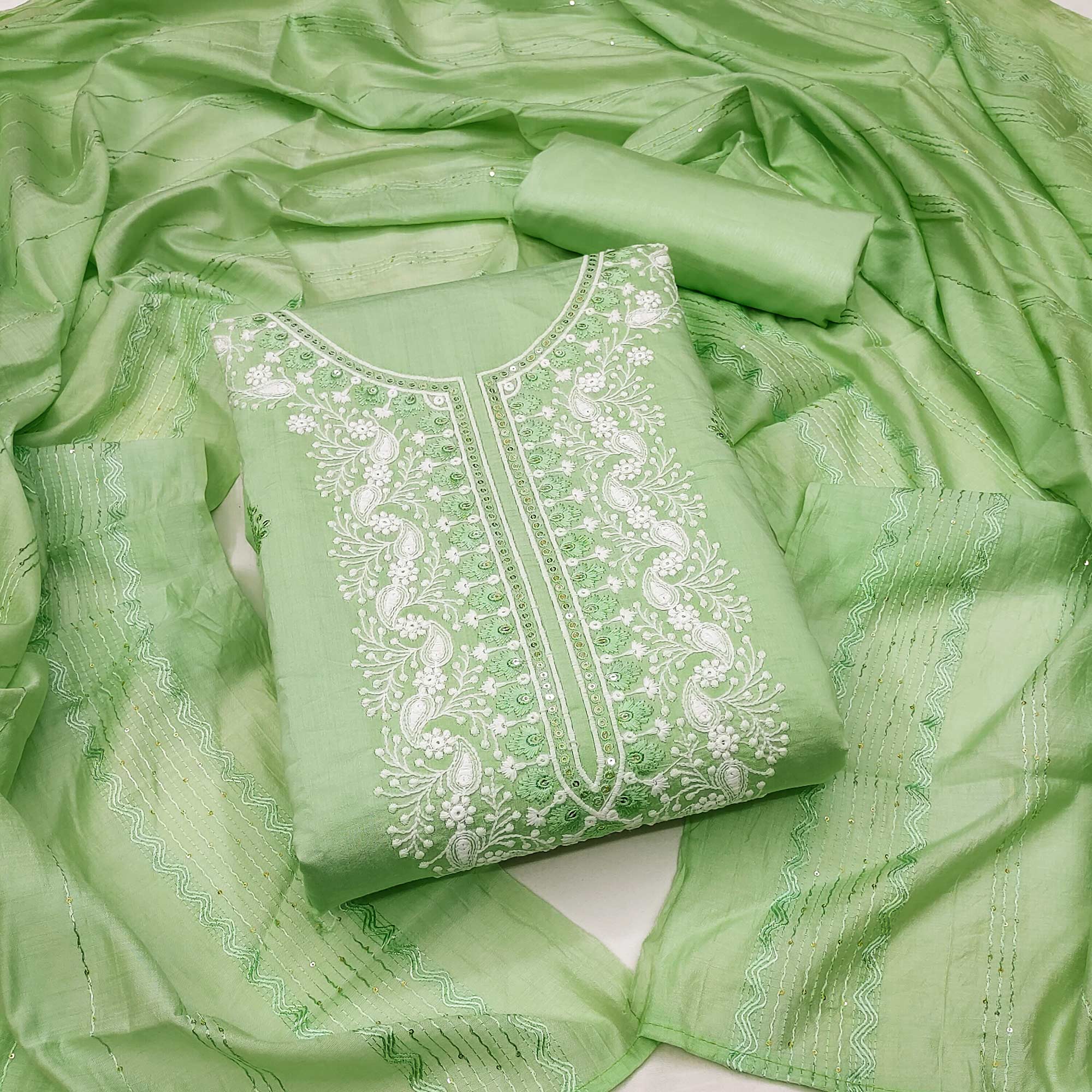 Green Floral Embroidered Viscose Dress Material