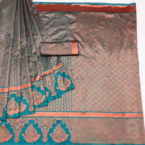 Rama Blue Floral Woven Banarasi Silk Saree