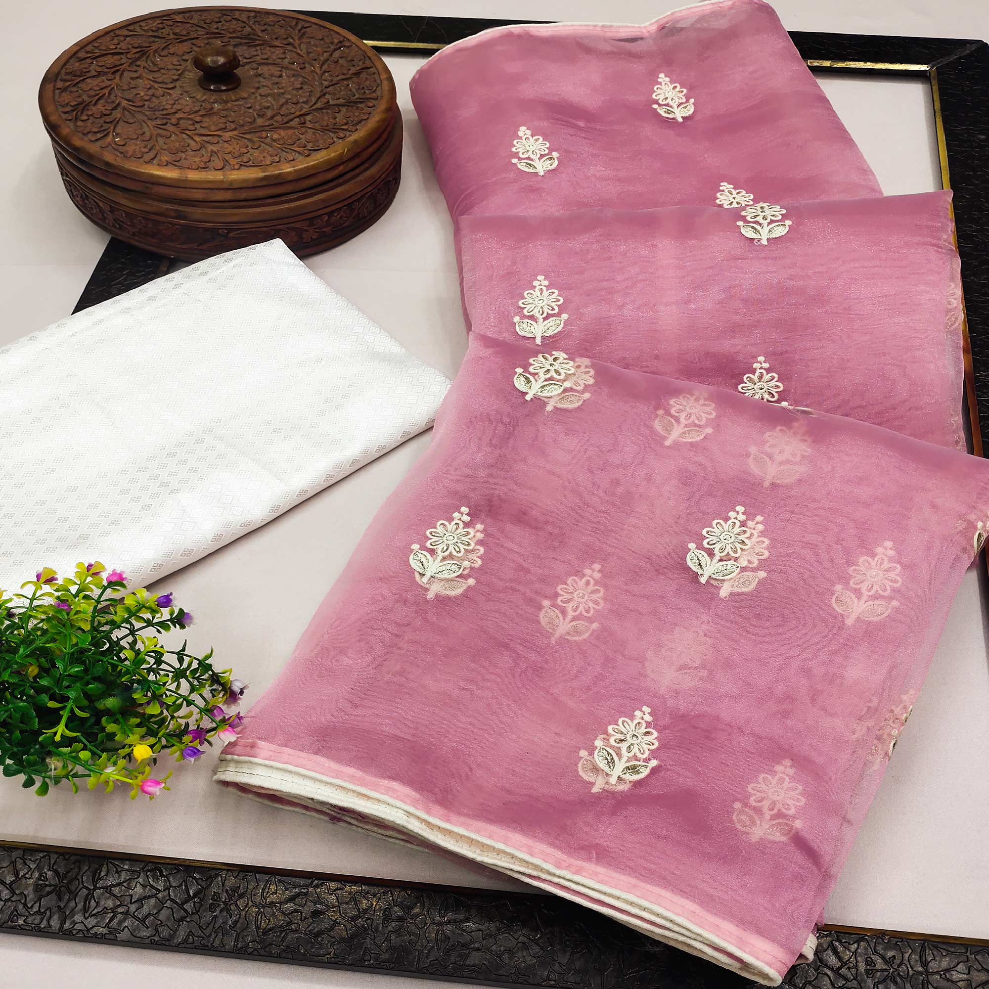 Pink Floral Embroidered Organza Saree