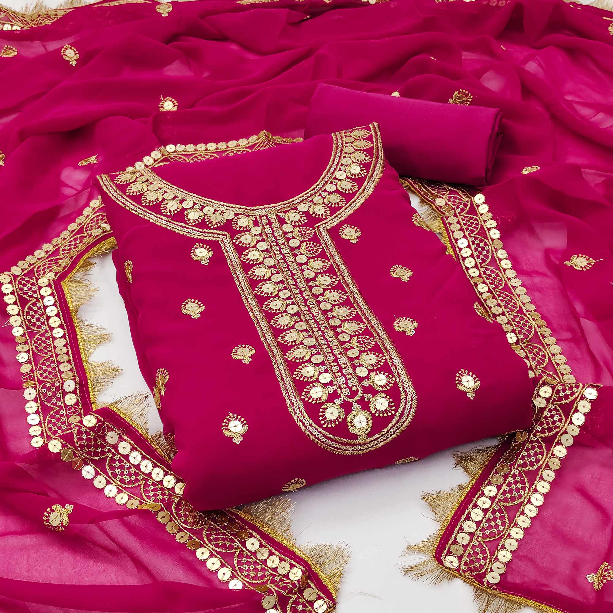 Magenta Pink Embroidered Georgette Dress Material