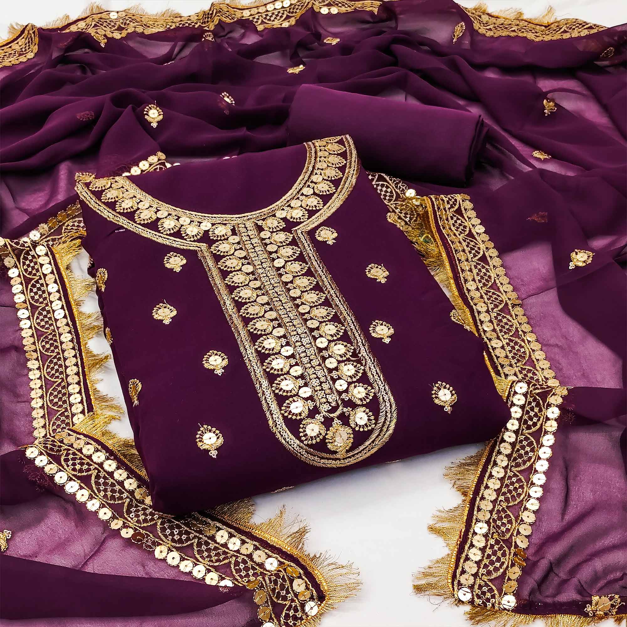 Purple Embroidered Georgette Dress Material