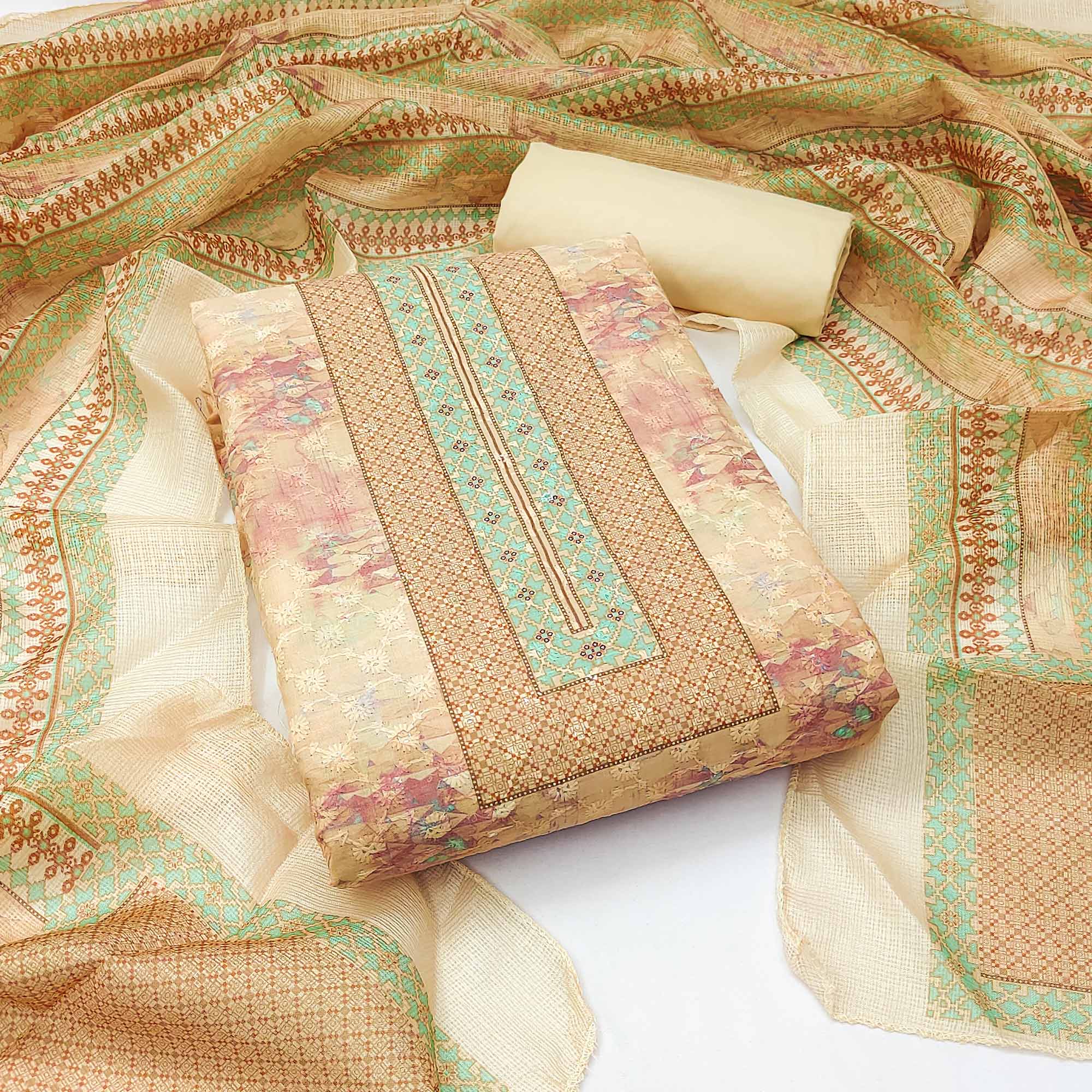 Yellow Embroidered With Printed Cotton Blend Dress Material