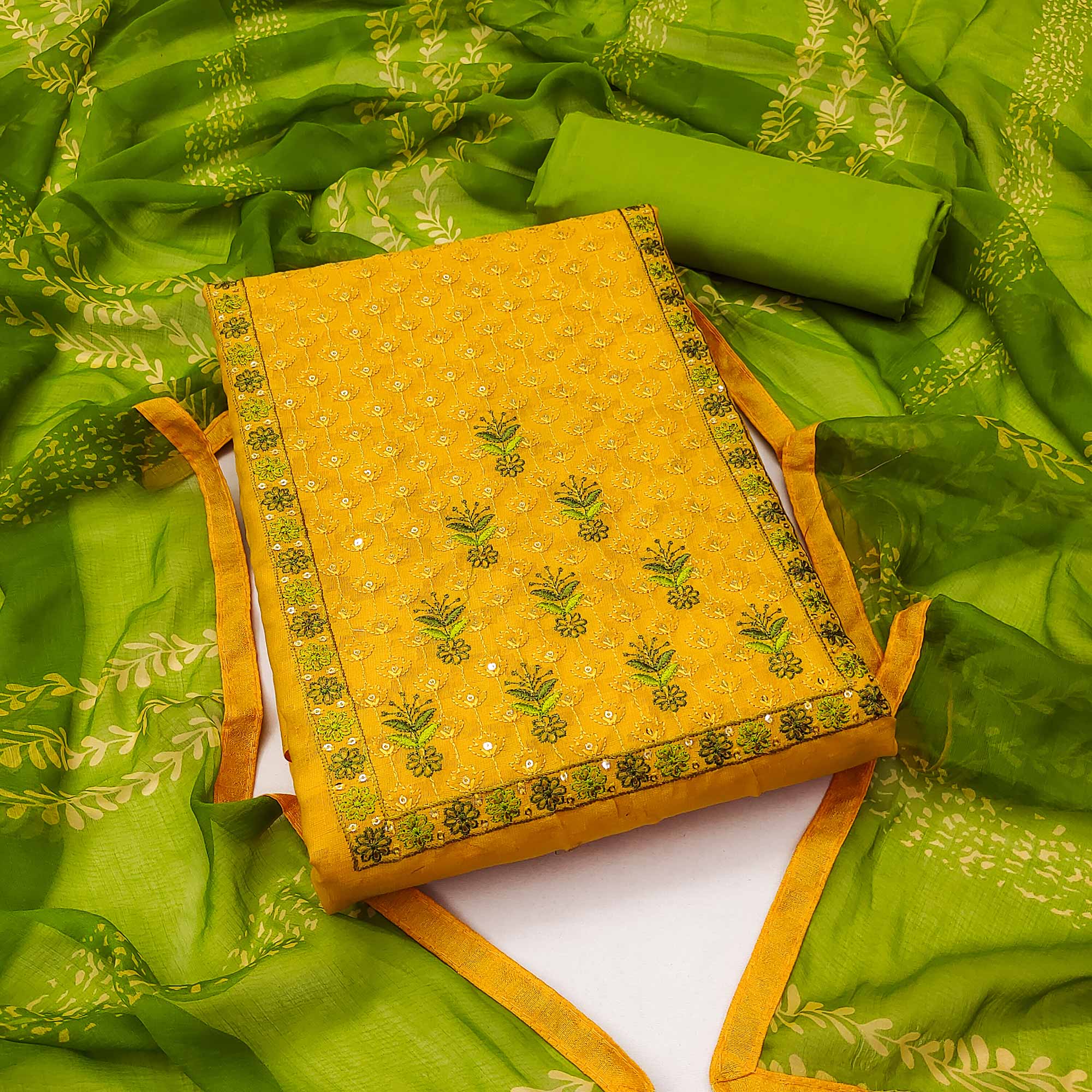 Yellow Sequins Floral Embroidered Pure Cotton Dress Material