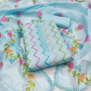 Turquoise Printed Kota Doria Dress Material