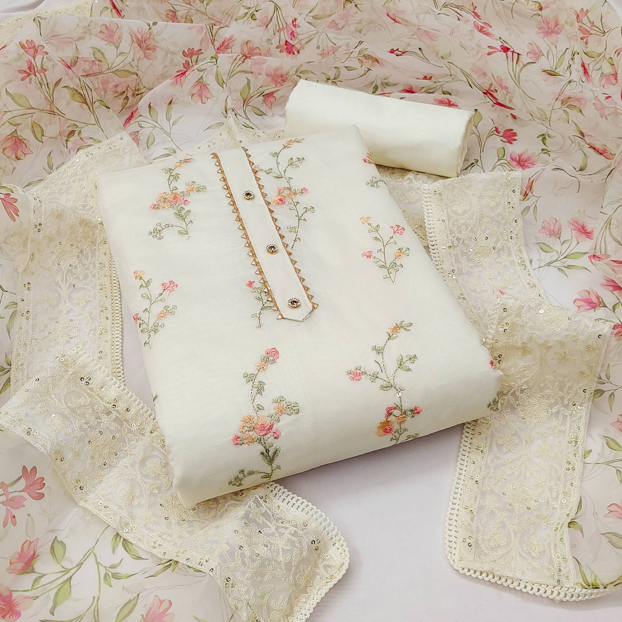 Off White Sequins Floral Embroidered Chanderi Dress Material