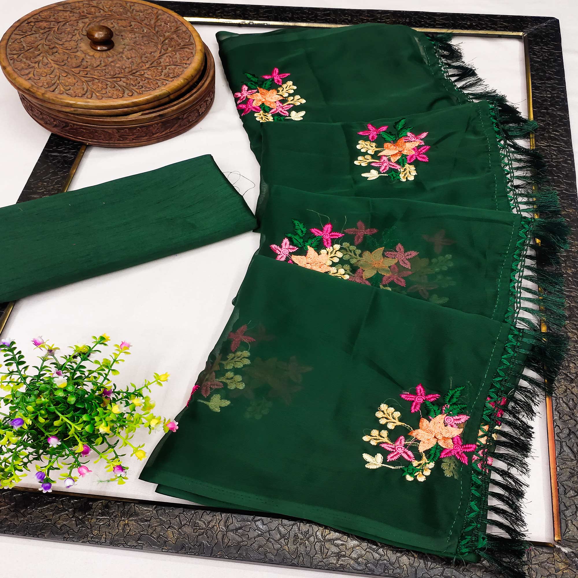 Green Floral Embroidered Chiffon Saree