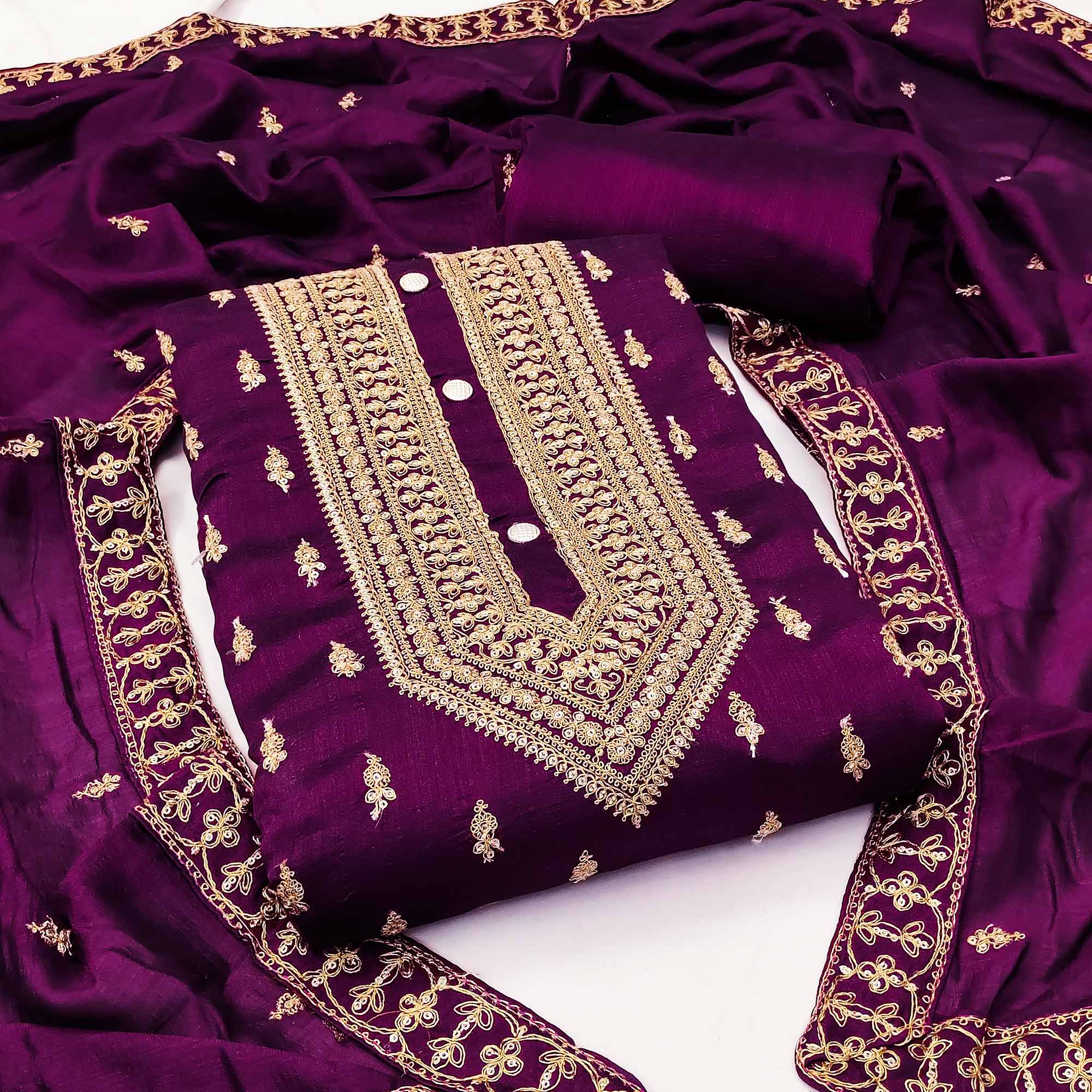 Wine Sequins Embroidered Vichitra Silk Dress Material